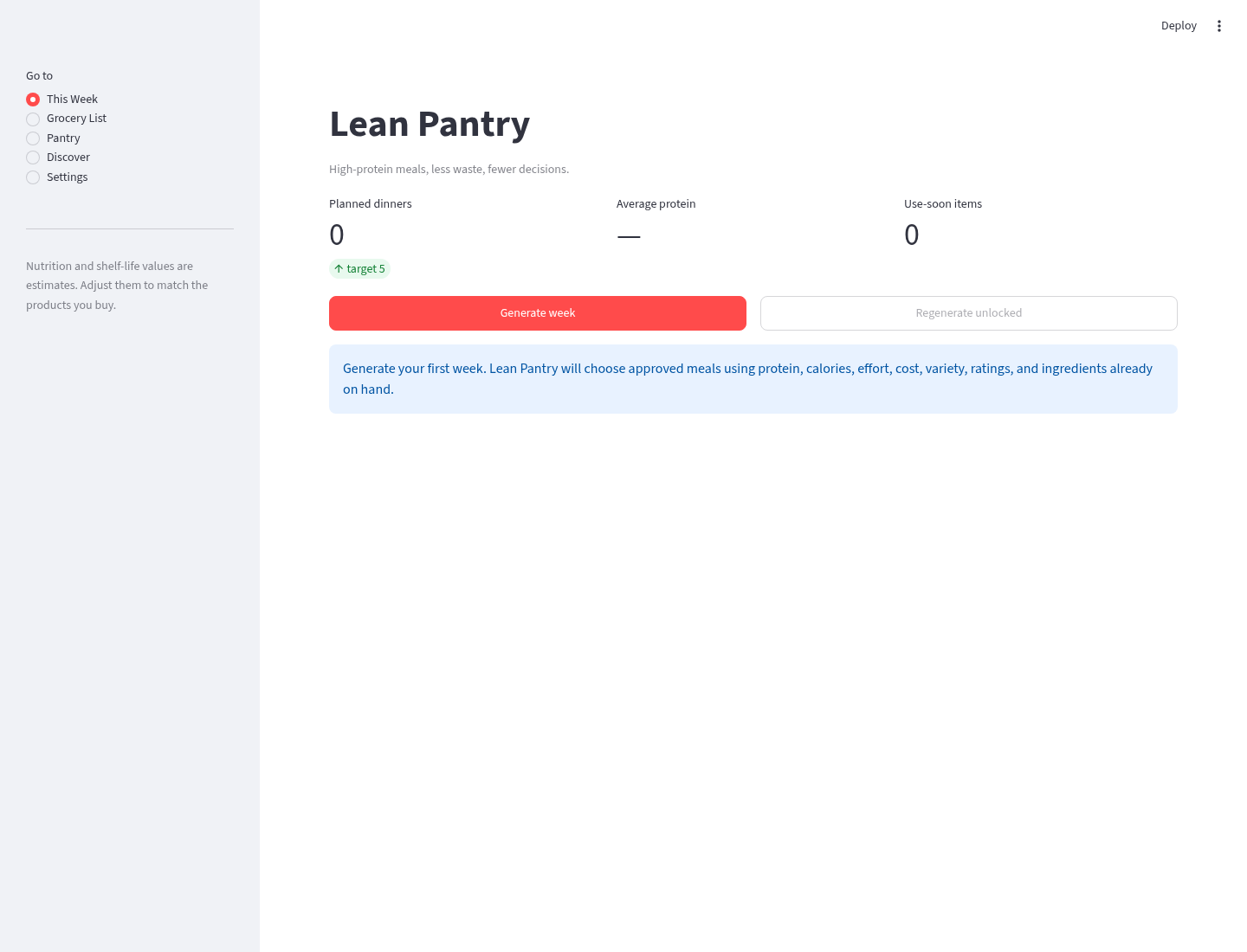 Lean Pantry weekly meal planning interface